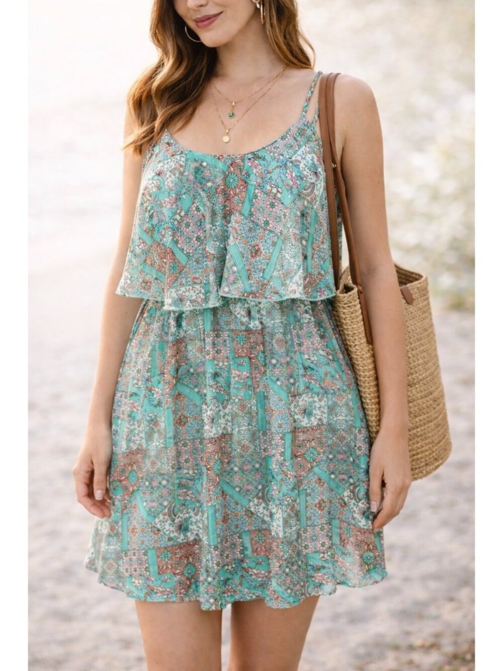 Altar’d State Boho Patchwork Tiered Dress Flowy Festival Beach Size Large Women'